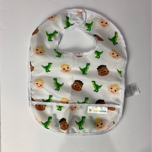 CoComelon pocket feeding bib white with dinosaurs and faces - Picture 2 of 6